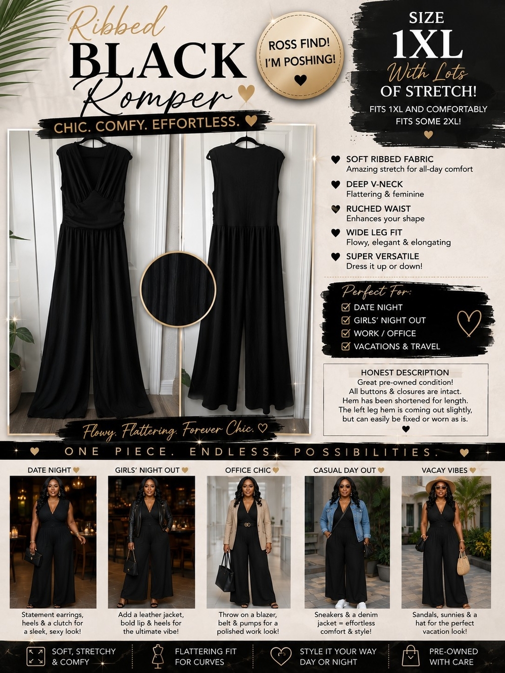 Ribbed Black Backless Wide-Leg Jumpsuit - 1XL